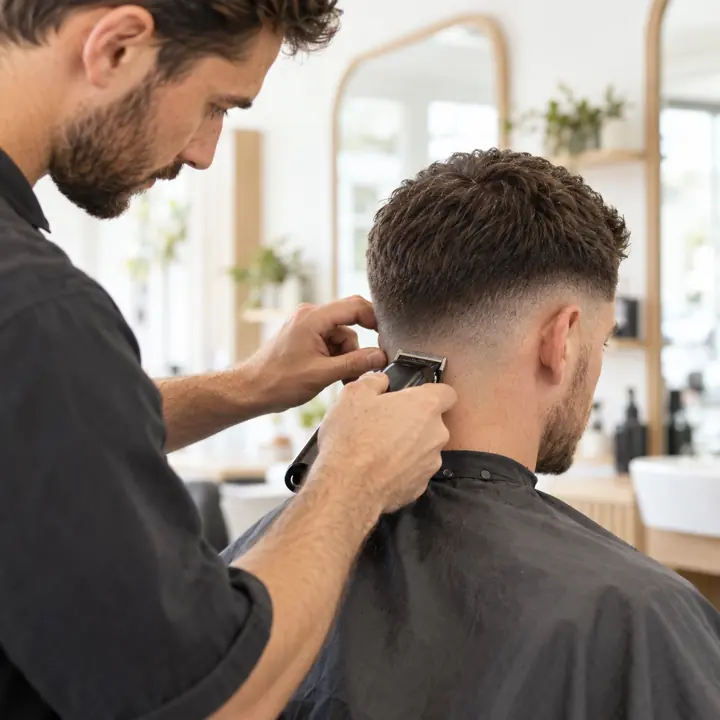 A barber finishing a clean fade haircut